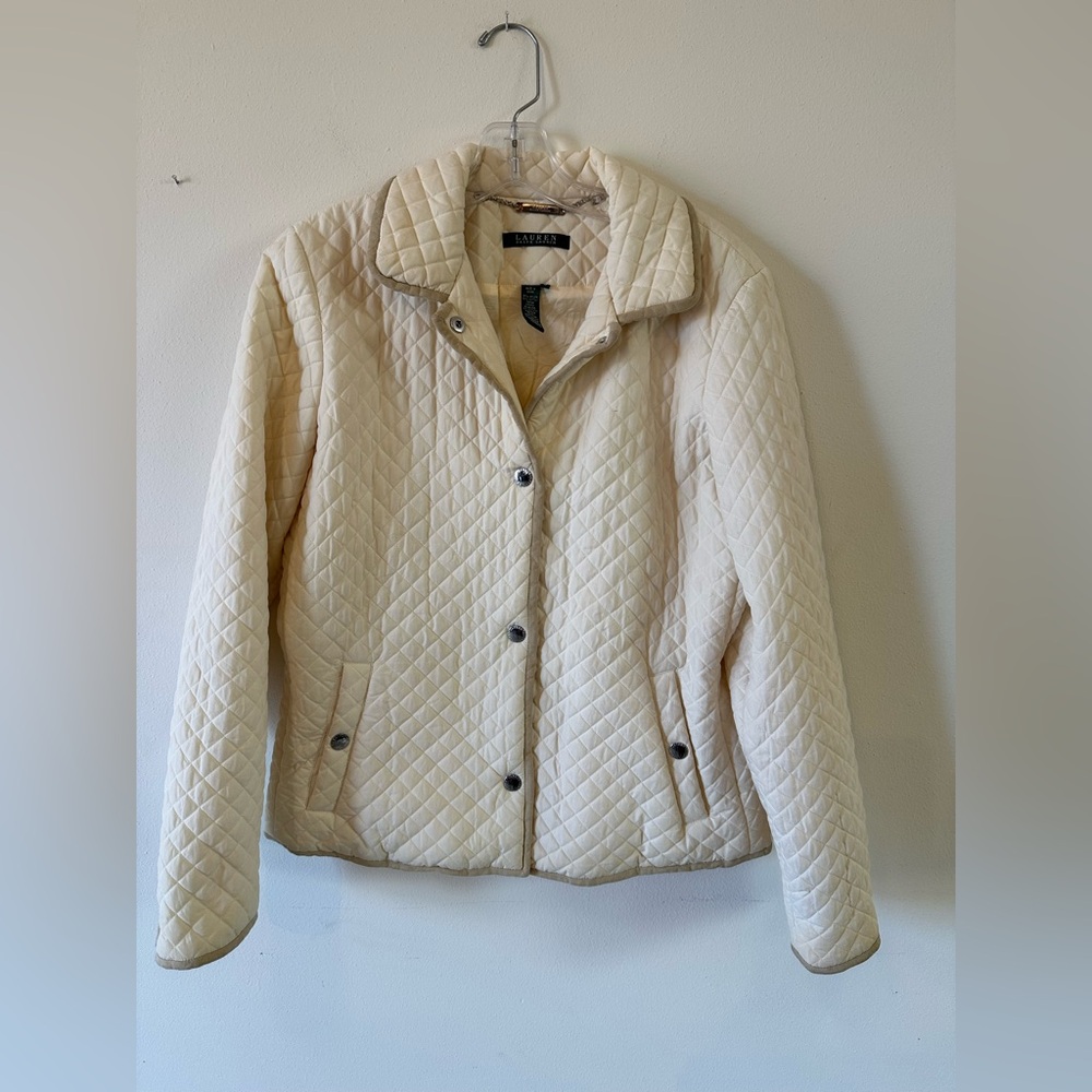 Lauren Ralph Lauren Womens Snap Button Leather Trim Quilted Jacket M Ivory
